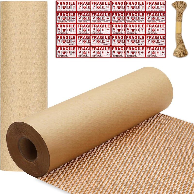 Pine nuts Honeycomb Packing Paper 15" x 131' Eco Friendly Packing for Moving Recyclable Honeycomb Paper Bubble Wrapping with 30 Fragile Sticker Labels and 66fthemp rope (Brown) - Image 1